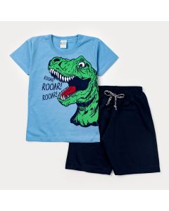 Conjunto Curto para Menino Blusa Azul Dinossauro e Short Marinho em Moletinho