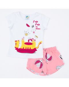 Conjunto de Verão para Bebê Menina Blusa Branca Gatinho e Short Rosa