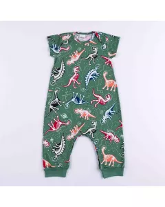 Macacao Pijama de Verao para Bebe Menino Dinossauro Verde