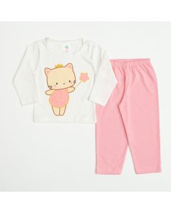 Pijama para Bebê Menina Blusa Branca Gatinho e Calça Rosa