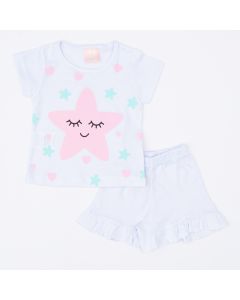 Pijama de Verão Bebê Menina Blusa Branca Estrelinha e Short Branco