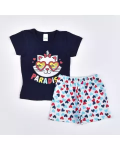 Pijama de Verão Infantil Feminino Blusa Marinho Gatinho e Short Branco Coracão