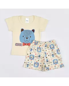 Pijama de Verão para Bebe Menino Blusa Marfim Ursinho e Short Estampado