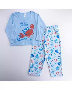 Pijama de Frio Blusa Azul Siri e Calça Azul Estampada para Menino