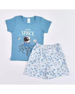 Pijama Infantil Masculino de Verão Blusa Azul Espaco e Short Branco Foguete