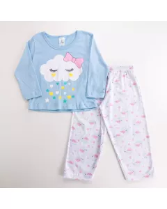 Pijama de Frio para Menina Blusa Azul Nuvem e Calça Branca Estampada