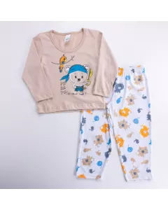 Pijama de Frio Blusa Marrom Ursinho e Calça Branca Estampada para Menino