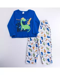 Pijama de Inverno Blusa Marinho Dinossauro e Calça Branca Estampada para Menino