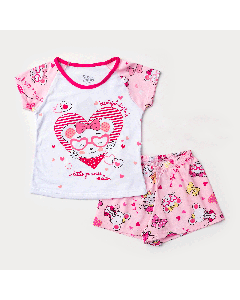 Pijama de Verão para Menina Blusa Branca Ursinho e Short Rosa Estampado