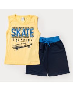 Conjunto Infantil Masculino Regata Amarela Skate e Short Marinho em Moletinho