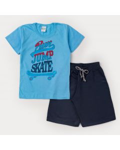 Conjunto de Roupa Infantil para Menino Blusa Azul Skate e Short Marinho