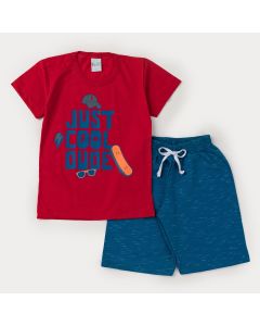 Conjunto de Verão Infantil Masculino Blusa Vermelha Skate e Short Marinho