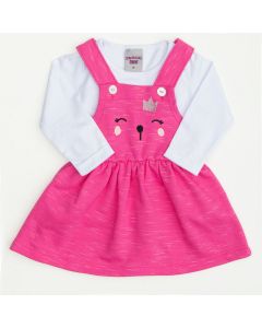 Salopete em Moletom Pink Ursinho e Blusa Branca para Bebê Menina