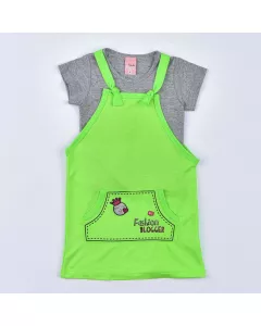 Salopete Verde Neon Infantil Feminina com Blusa Mescla Básica