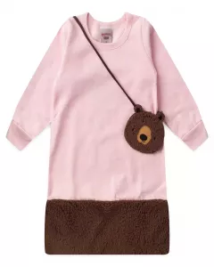Vestido Infantil de Inverno com Bolsa de Ursinho Rosa