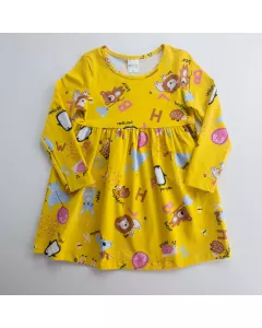 Vestido Manga Longa Amarelo Ursinhos Infantil